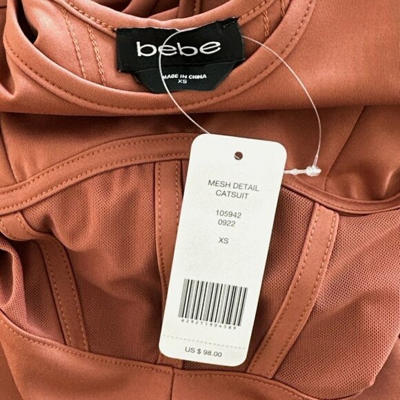 Bebe Gingerbread Mesh Detail Catsuit Jumpsuit Stretch Knit Bodycon NWT NEW XS - Picture 6 of 6